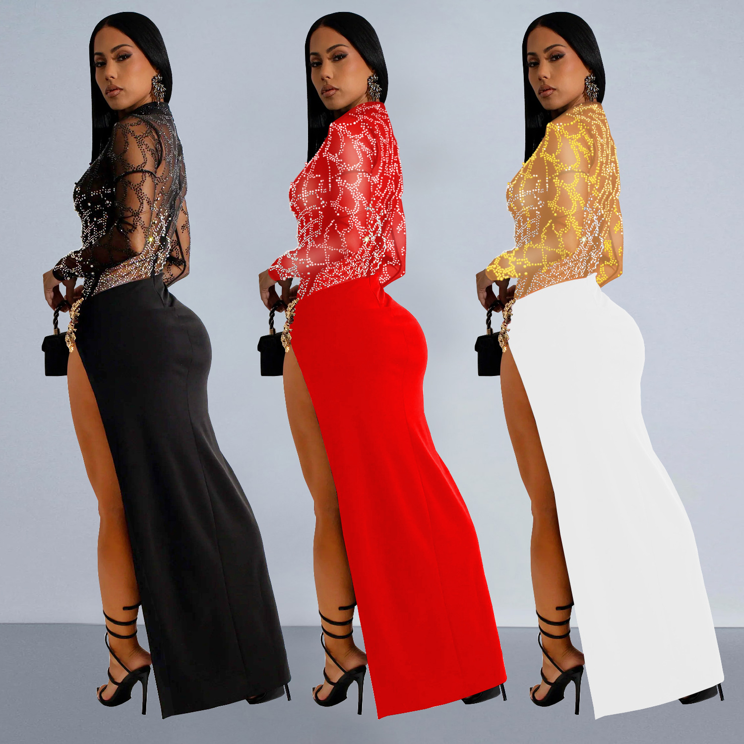 C7119 Aliexpress transfronterizo amazon de moda europea y americana ropa de mujer con diamantes calientes sexy hueco de manga larga vestido bifurcado image 3