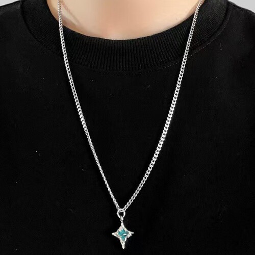 Lake Blue Cross Star Necklace Pendant Jewelry Personality Hip-Hop Snake Bone Sweater Chain Unisex Stylish Versatile Accessory