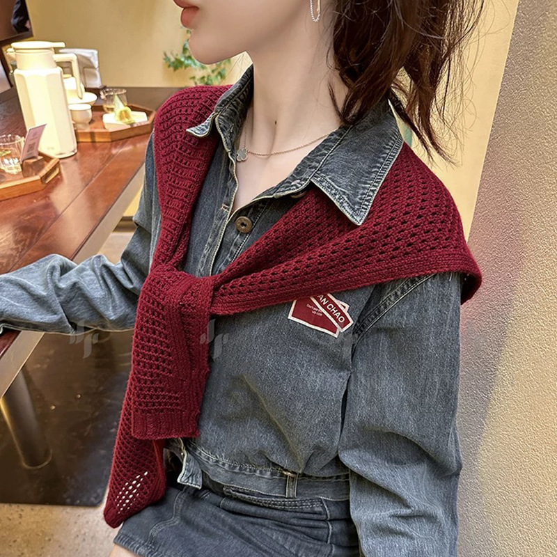 Korean Style Spring/Summer 2026 New Knit Shawl Autumn Women's Shirt Sleeveless Shawl Hollow-Out Outerwear Summer Fake Collar