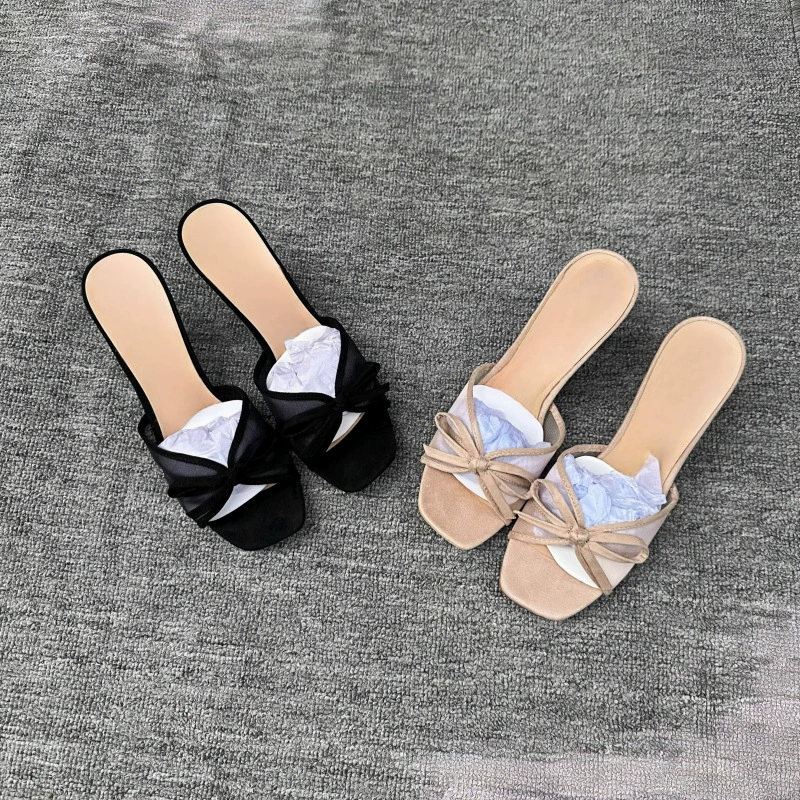 2025 новая женская сетчатая пряжа с открытыми пальцами сплошного цвета на высоком каблуке простой бант на диком каблуке повседневные холодные тапочки