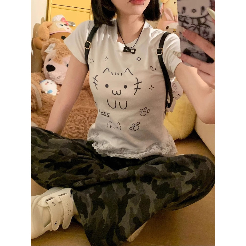 亚文化可爱猫咪蕾丝花边短袖T恤女夏季甜辣妹修身显瘦设计感上衣|undefined