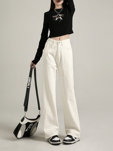 White denim skinny straight-leg pants for women, suitable for spring and autumn, high-waisted, slimming, loose wide-leg pants, trendy