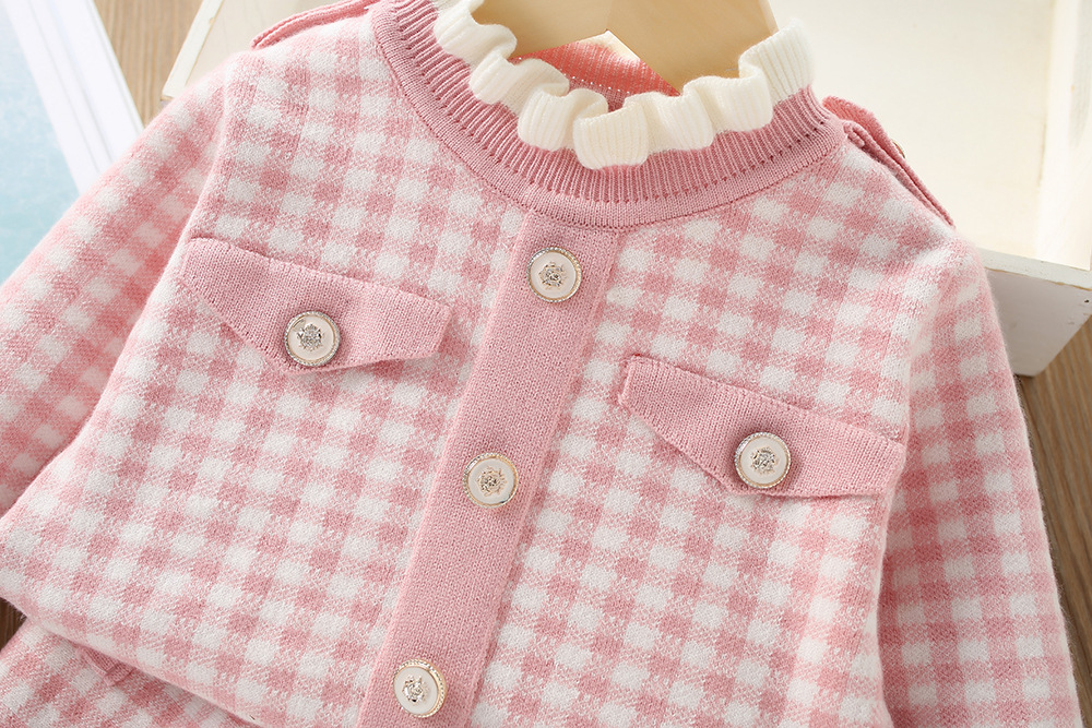 Ensemble pull-over pour filles, nouvelle jupe deux pièces tricotée à carreaux, à la mode coréenne, parfumée, automne/hiver, 2023_voghion.com