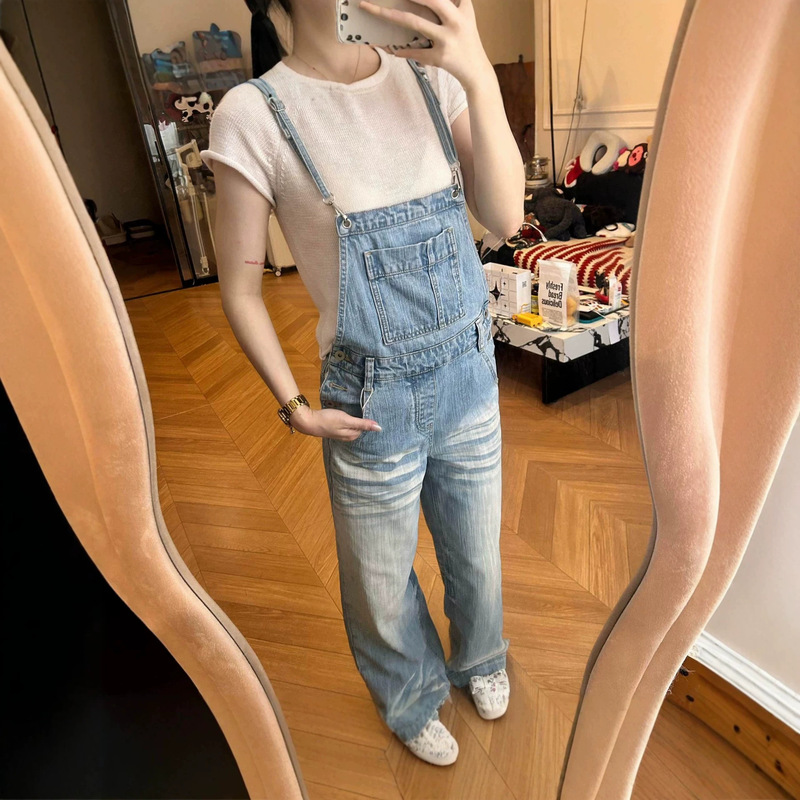 American retro denim overalls, new summer style with thin straps, light-colored design, high-waisted, slimming, one-piece, wide-leg, long American retro denim overalls, new summer style with thin straps, light-colored design, high-waisted, slimming, one-piece, wide-leg, long
