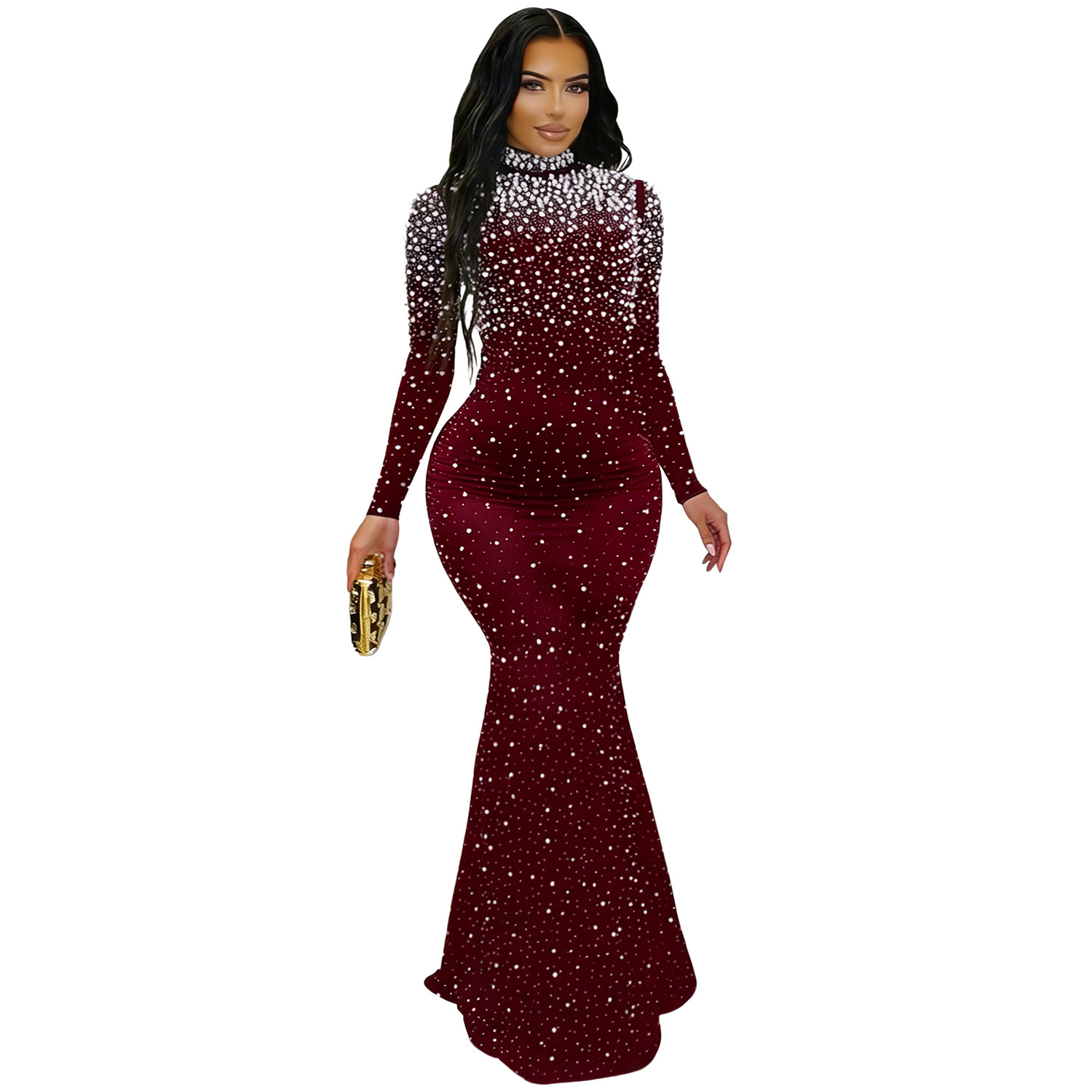 C7622 Aliexpress transfronterizo Amazon Europa y América moda de mujer elegante cuello alto bolsas de diamantes calientes vestido de cadera image 8
