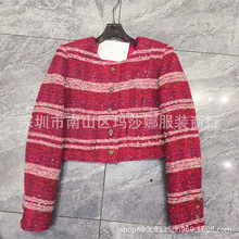 南油法式小香风节日氛围感红色编织毛呢圆领单排扣气质甜美短外套