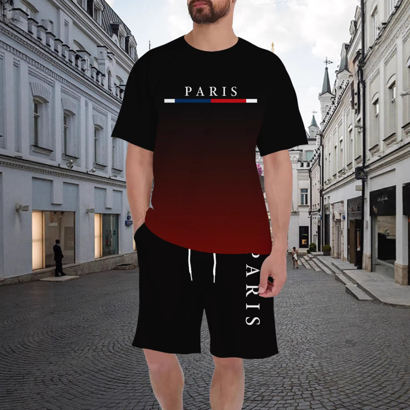 A Deep Black Gradient Transition into a Rich Burgundy Base with Digital Print Casual Wear, Round-Neck T-Shirt and Shorts
