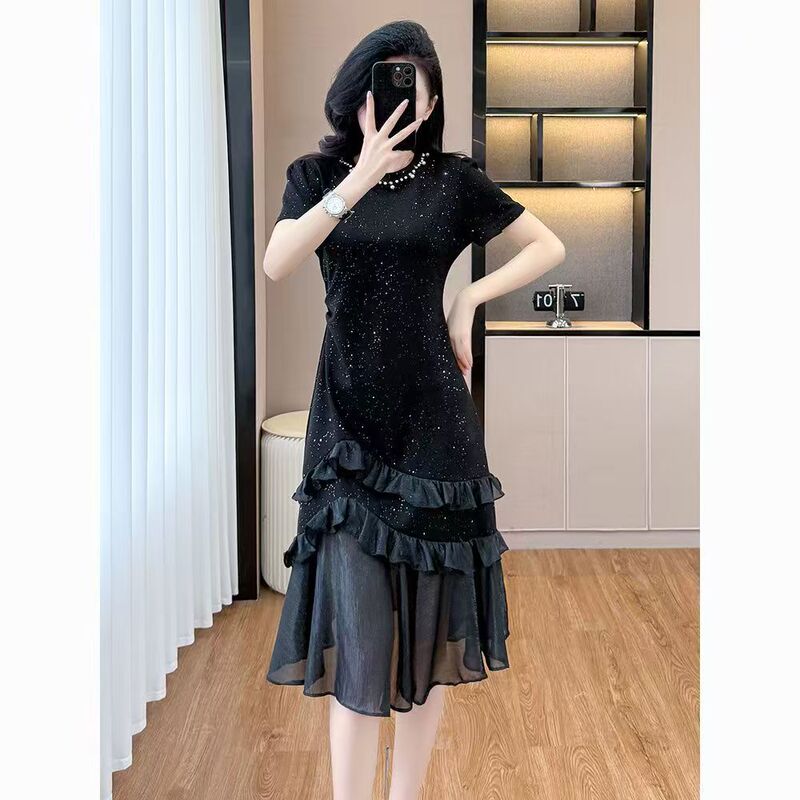 Beaded Short-sleeved dress Women's Summer High-end Korean-style New Design Black Crewneck 2025 Patchwork Fishtail Dress