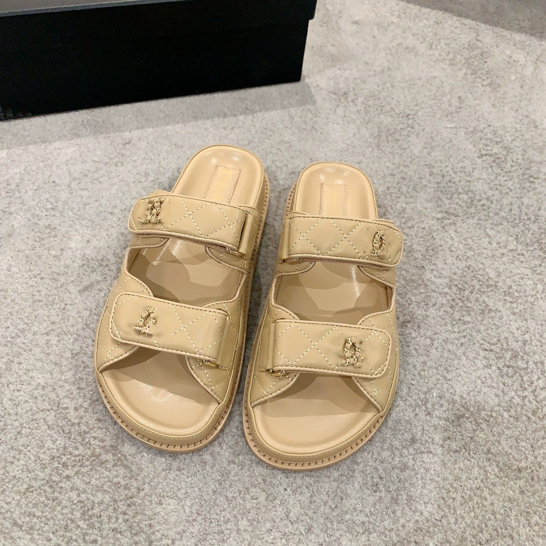 Летняя слайд/сандалия с липучкой, обувь для отдыха, стиль Chanel, год 2024, натуральная кожа