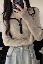 感半拉链翻领毛衣女春夏内搭打底修身显瘦针织衫长袖短款上衣