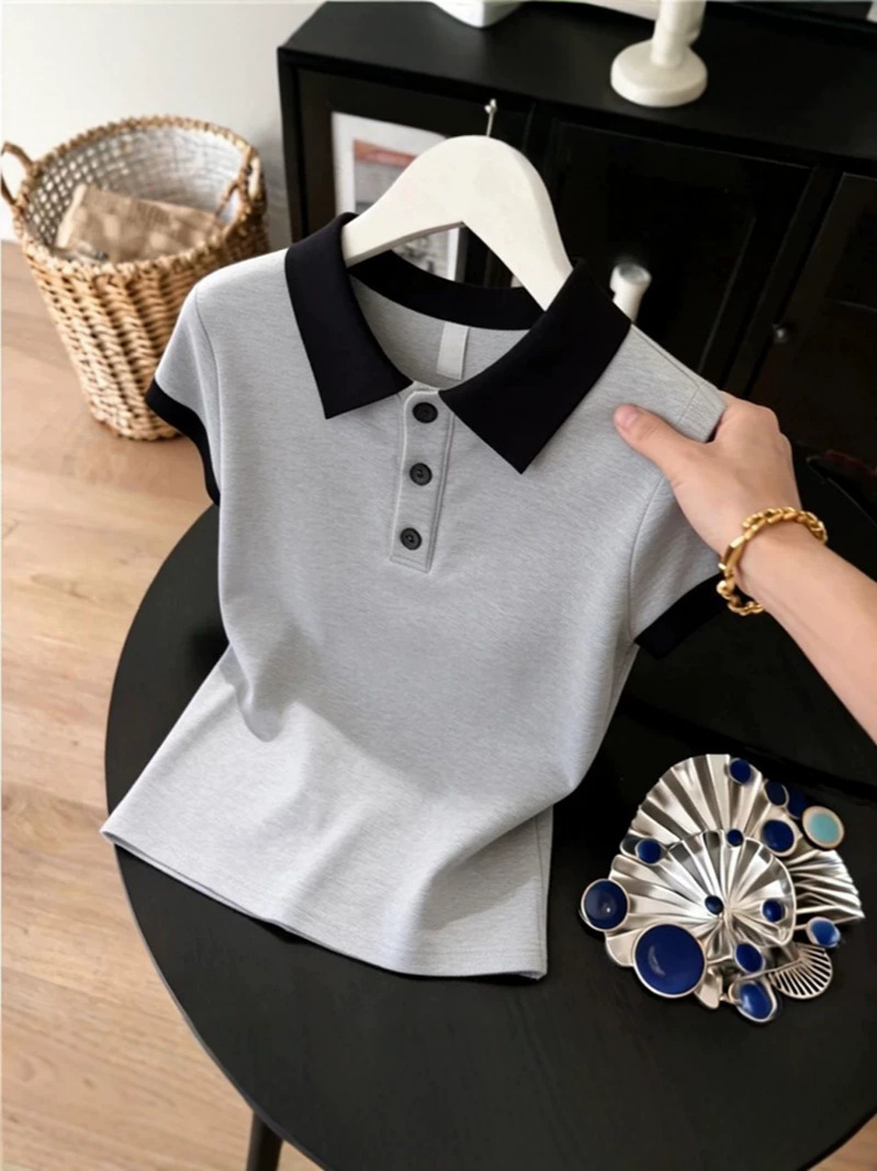 Polo Collar Short-Sleeved T-Shirt for Women 2026 New Summer Fashion for Moms, Pure Cotton Versatile Turn-Down Collar Color-Blocking Slimming Top
