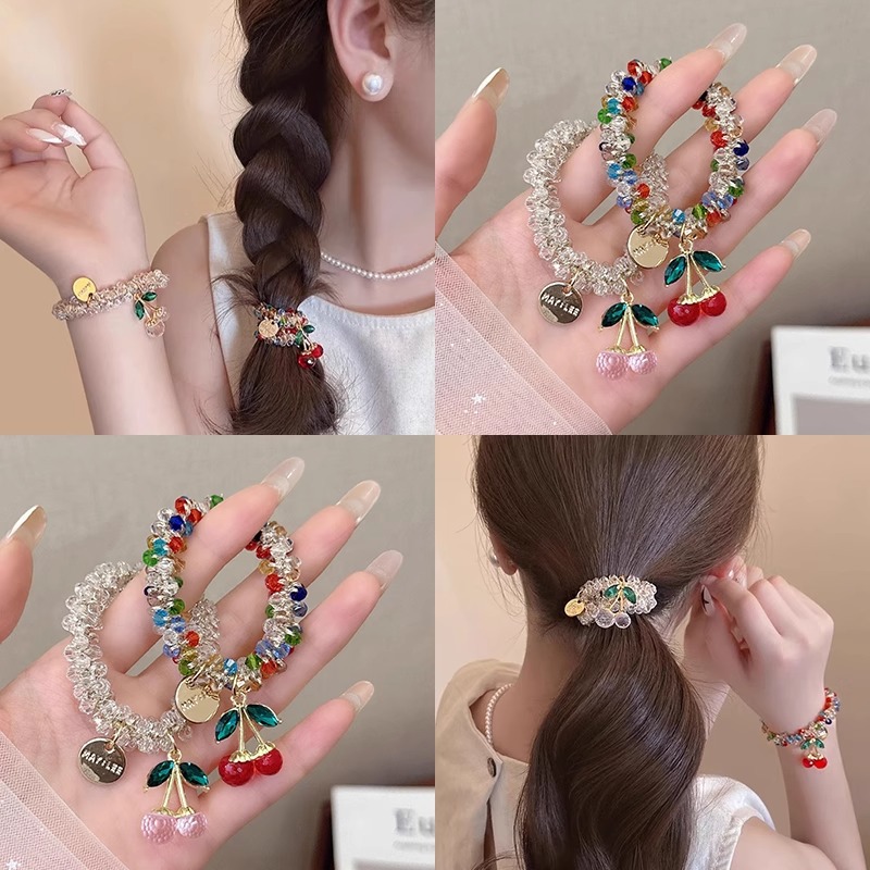 Se puede usar como lazo para el cabello de la pulsera. Cuerda para el cabello de cereza de diamantes de imitación de color de doble uso, cuerda para la cabeza de alta elasticidad y duradera, banda elástica de cola de caballo