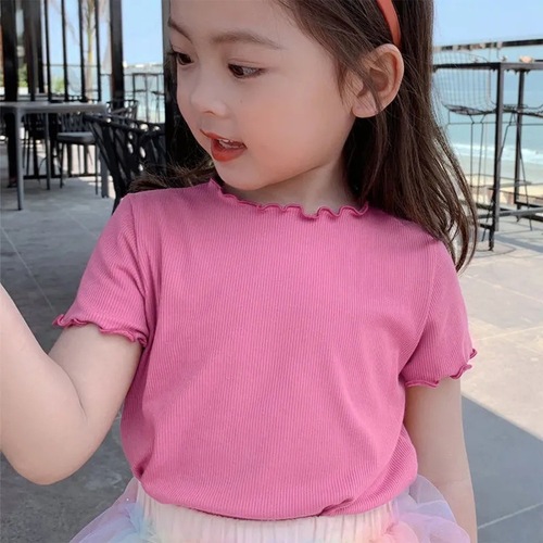 Summer Korean-style children's ruffled-edge top for baby girls — versatile short-sleeve T-shirt, simple and easy-to-match solid-color base layer