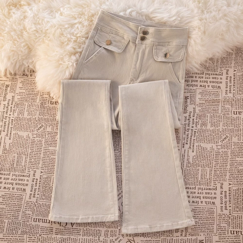 Белые джинсы для женщин, весна 2025, новые утягивающие брюки с высокой талией, миниатюрные элегантные расклешенные брюки для женщин