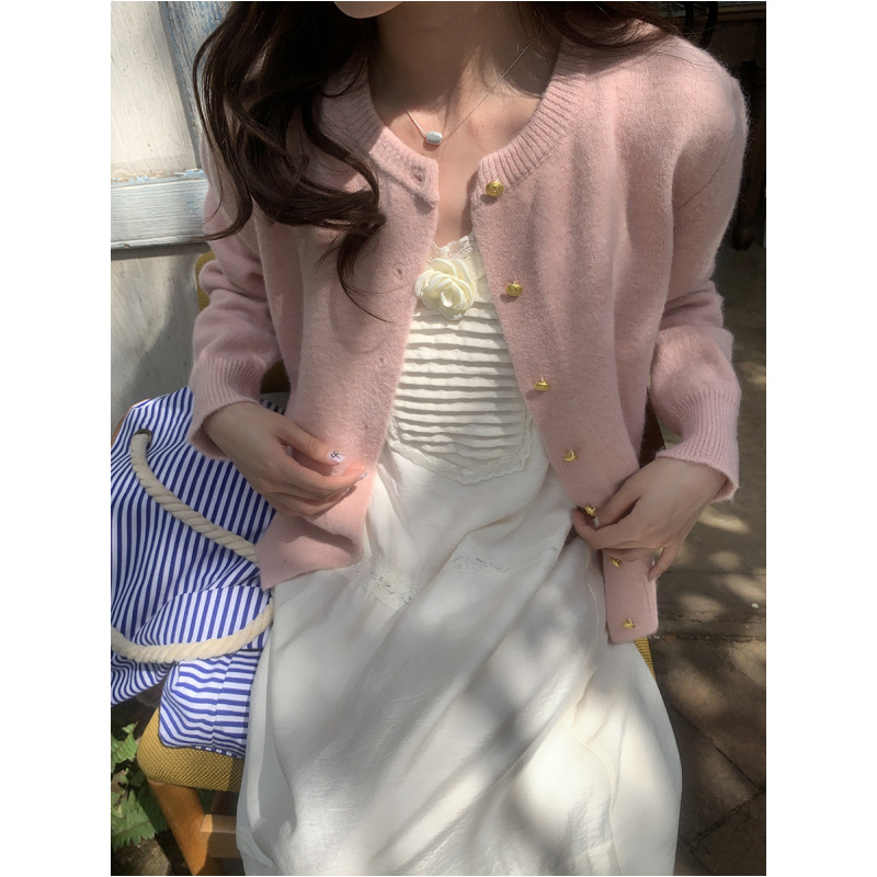 Retro demi-season cardigan with a round collar