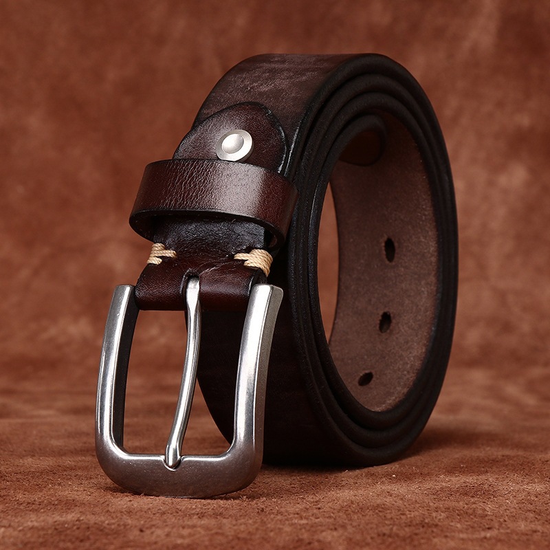 Rare Extra Thick Top Layer Cowhide Leather Belt for Men, Genuine Leather with Stainless Steel Buckle, Washable, Vintage, Simple, Casual Waist Belt