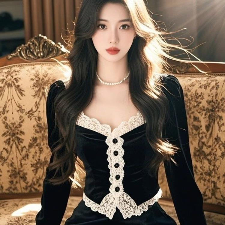 Autumn and Winter 2024 New Black Velvet Long Sleeve Shirt Women's Western Style Chic Beautiful French Style Top