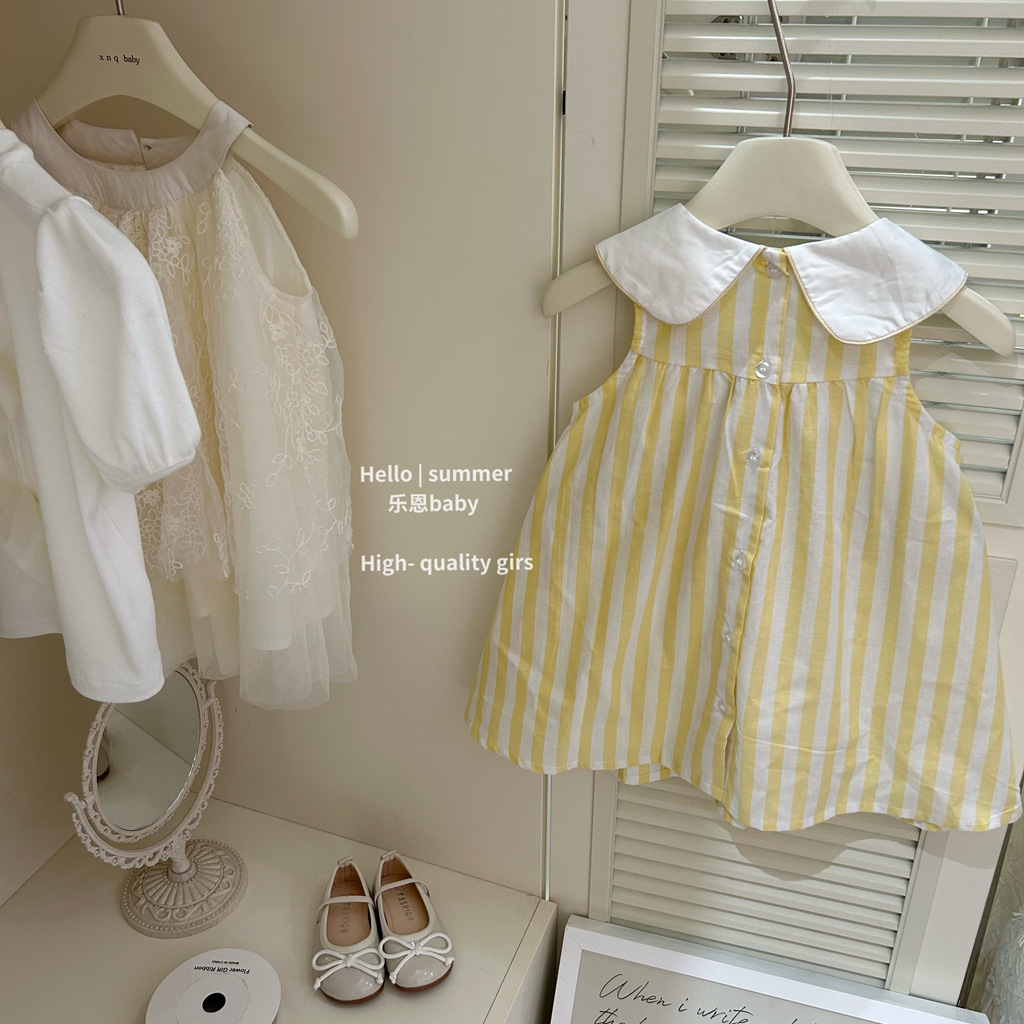 [Lenbaby] 25 verano niñas falda rayada amarilla estilo extranjero sin mangas vestido de cuello chaleco conjunto de falda
