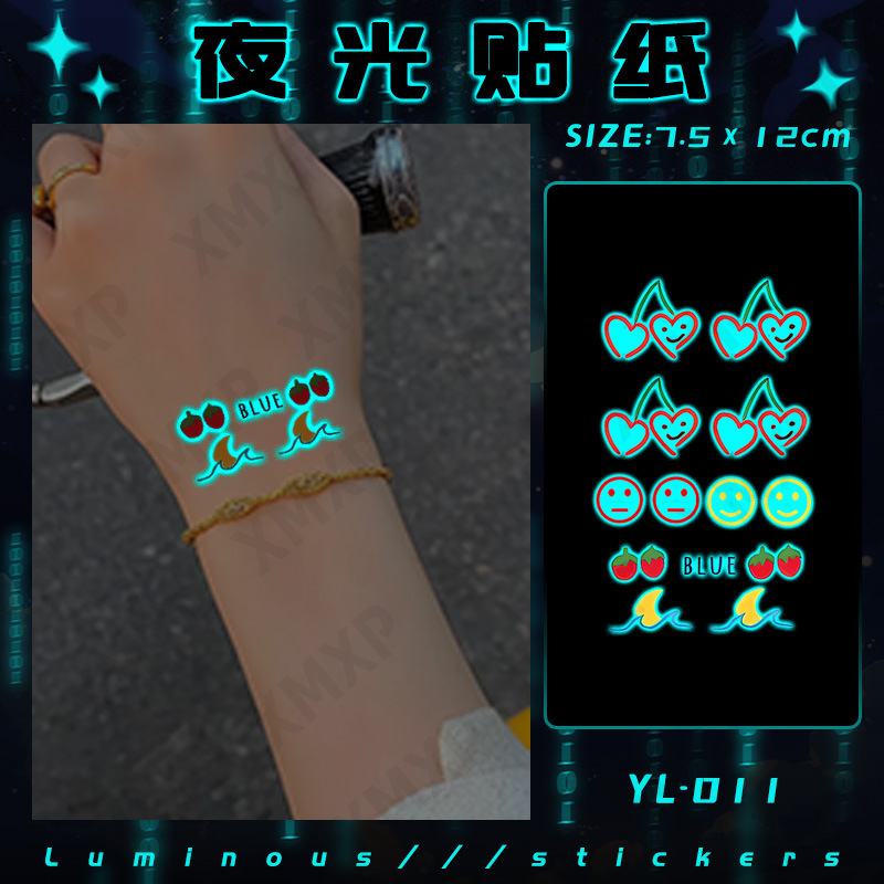 Xm&Xp Blue Luminous Tattoo Sticker Waterproof Small Fresh Cute Sweet Cherry Smiley Expression Moon Strawberry