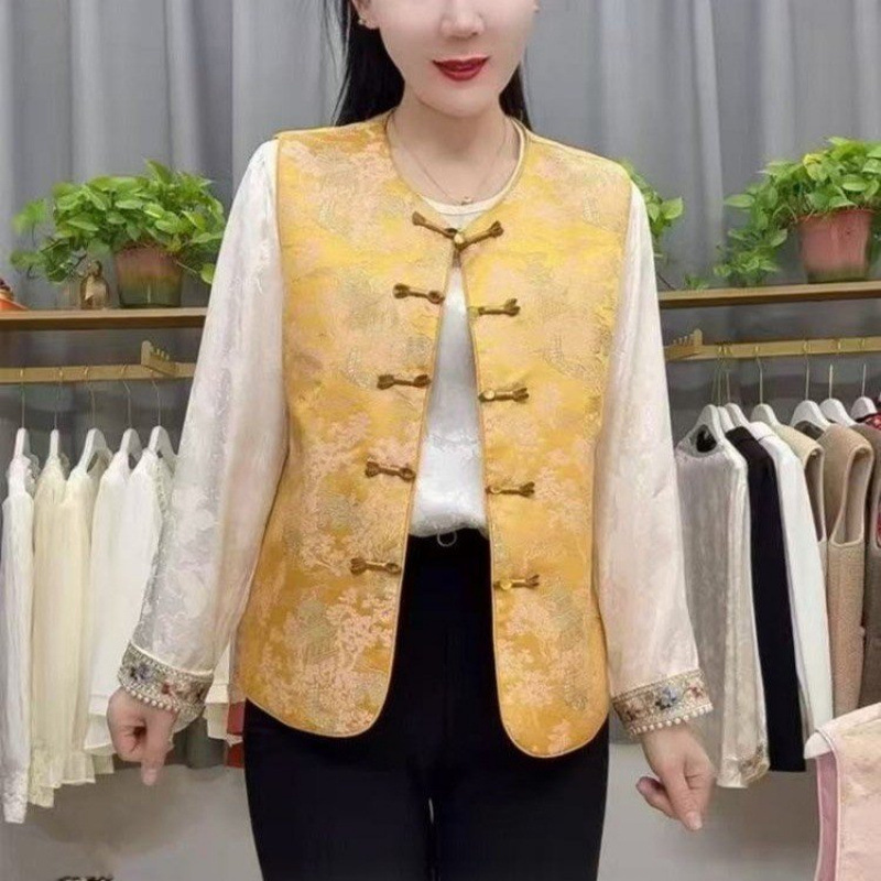 中老年女气质马甲时尚复古提花坎肩背心盘扣女装新款妈妈无袖上衣|undefined