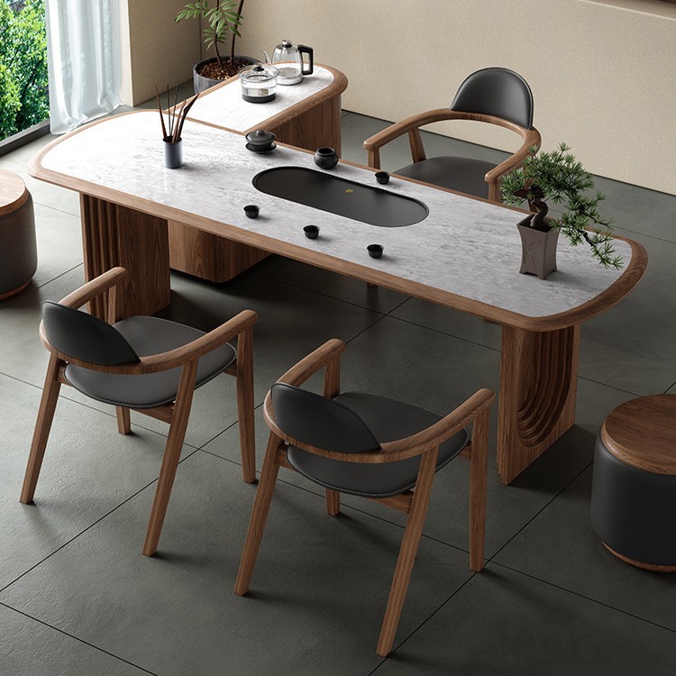 Mesa de té moderna y sencilla, sala de estar de lujo ligero, coche de té móvil para el hogar, mesa de té de roca de madera maciza, combinación de mesa y silla de té con hervidor