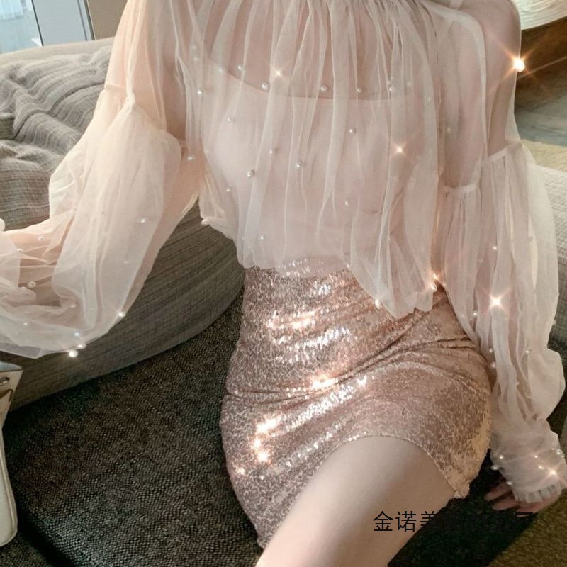秋冬季新款蕾丝衫上衣亮片包臀半身裙网红气质套装洋气女神两件套
