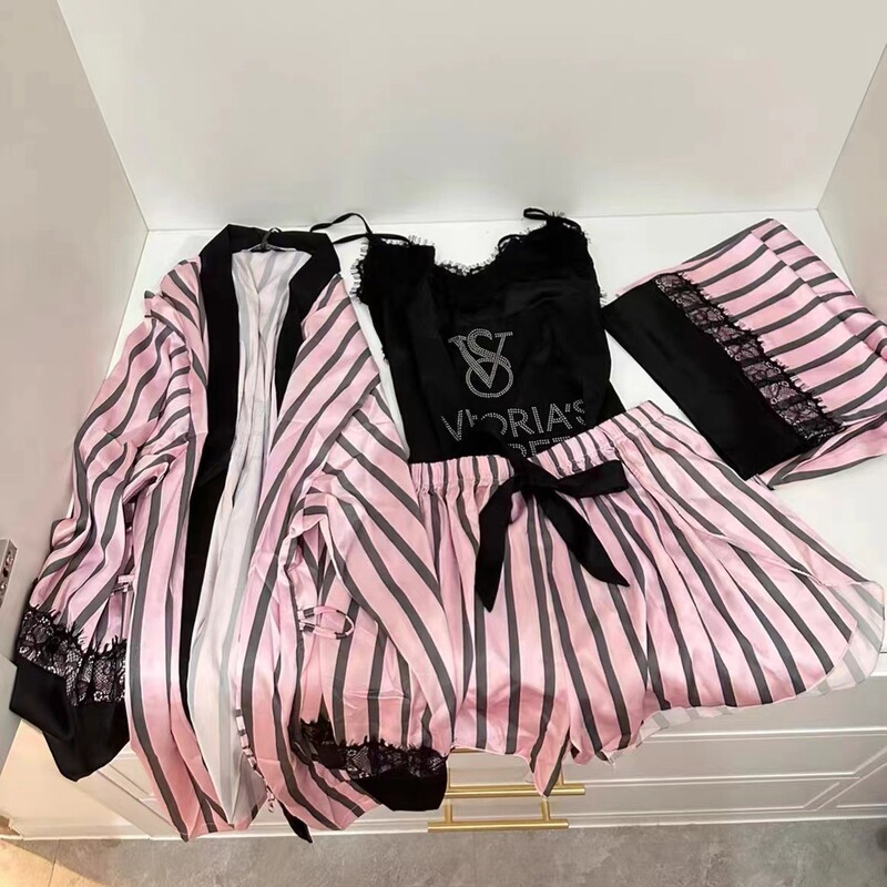 Good Quality Korean Style Robe Set Ice Silk Sling Shorts Pink Striped Robe Trousers Secret Four-Piece Home Clothes Good Quality Korean Style Robe Set Ice Silk Sling Shorts Pink Striped Robe Trousers Secret Four-Piece Home Clothes