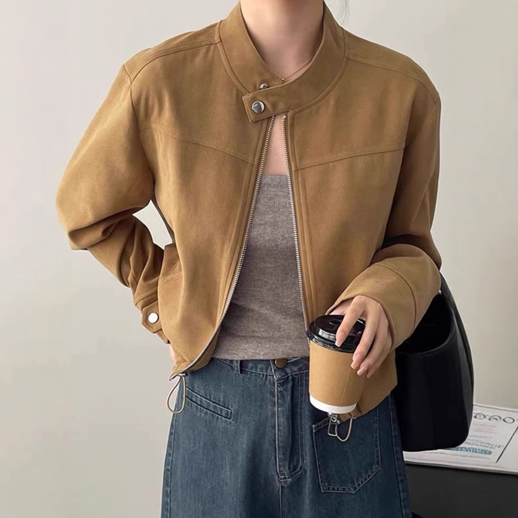 [Suede] American stand collar small style coat women's cross-border new jacket motorcycle clothing short baseball uniform