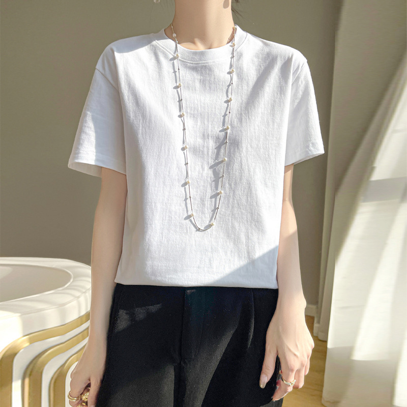 Shopping Mall Same Style Short-Sleeved T-Shirt for Women Summer 2025 New Style Right Shoulder Loose Classy Bottoming Age-Reducing White Cotton Top