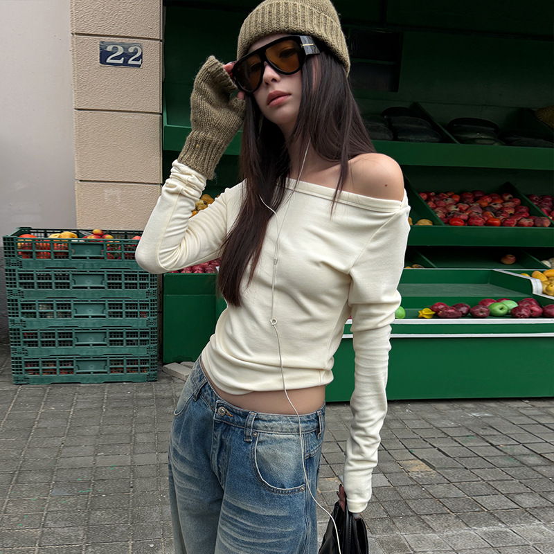 Mmfish Fashionable Street Casual Lenzing Tencel Cashmere Heating T-Shirt with Slanted Shoulders and Bottoming Shirt 25t621