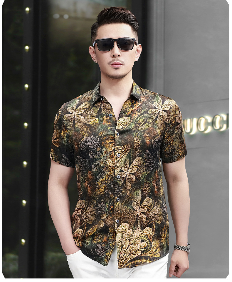 Áo sơ mi nam tay ngắn lụa satin in hoa cao cấp mùa hè — Màu hình 5316 chi tiết 11