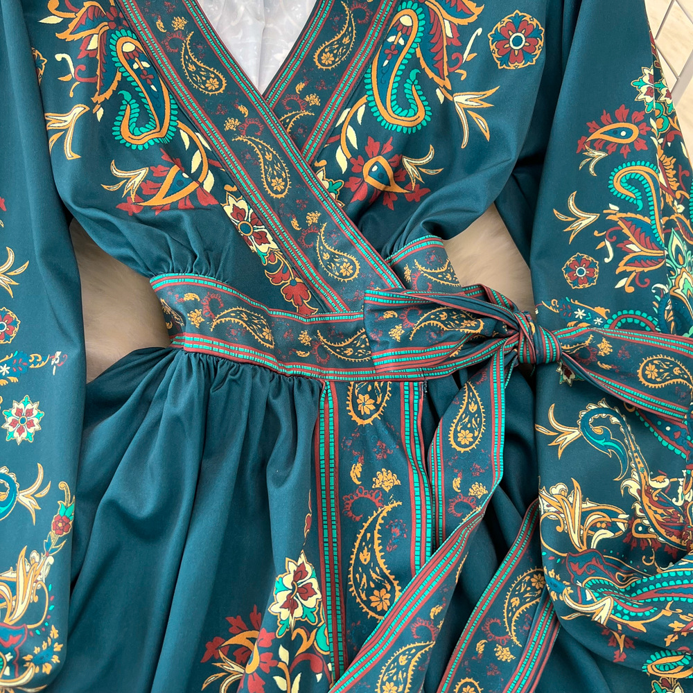 Retro Court Style Lantern Dress Long Sleeved V Neck Belted a Line Printed Elegant Full Skirt for Women_ecoleips.com