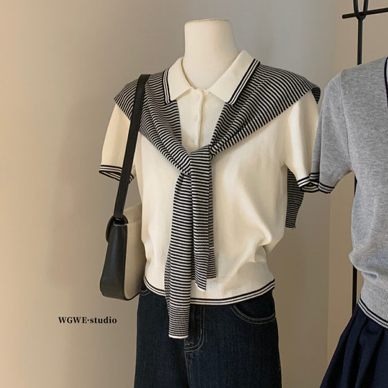 WGWE French Retro Contrast Polo Collar Short-sleeved Knit Women's Spring and Summer Tight Waist Slimming Short Top W3720