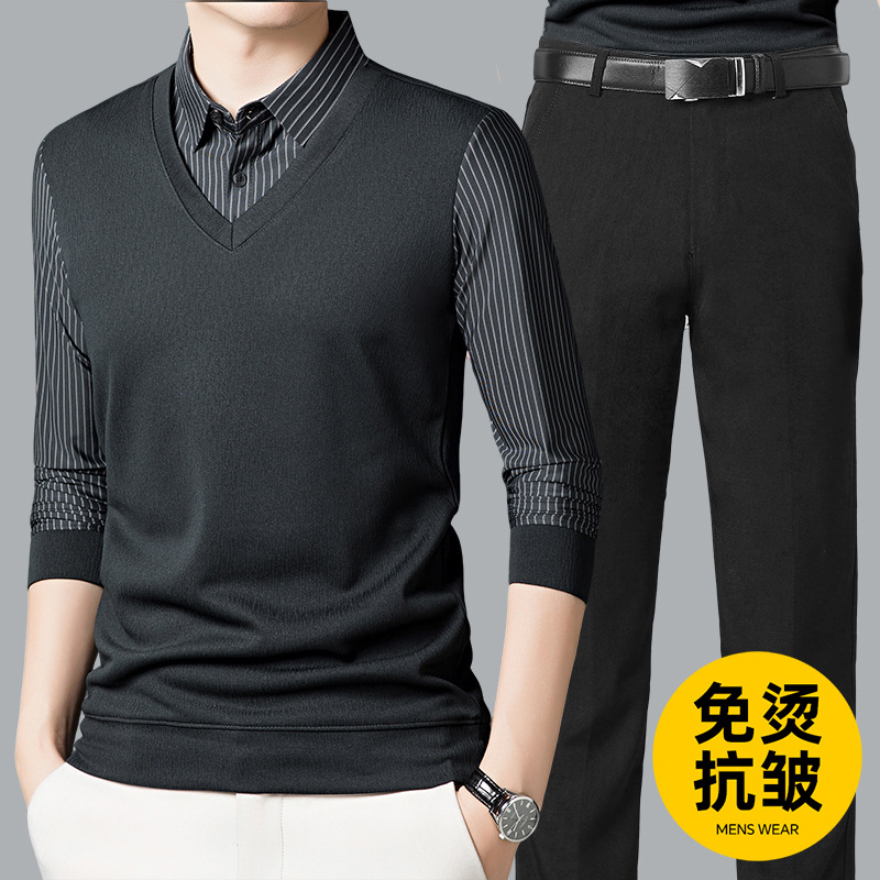 Nuevo traje de hombre de otoño y invierno transfronterizos de mediana edad, ropa de negocios, polo casual, pantalones de dos piezas