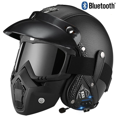 3C certification cross-border electric motorcycle retro helmet men's and women's motorcycle leather helmet electric car riding 3/4 half helmet (Motosiklet kaskı (dəbilqə)) - black-plane-with-bluetooth-s