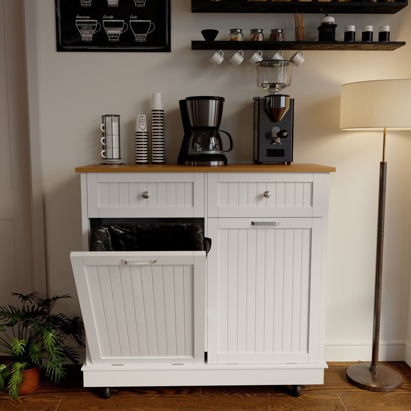13 Gallon Tilted Garbage Cabinet with Power Outlet and Adjustable Shelf with Drawer White Wood Color
