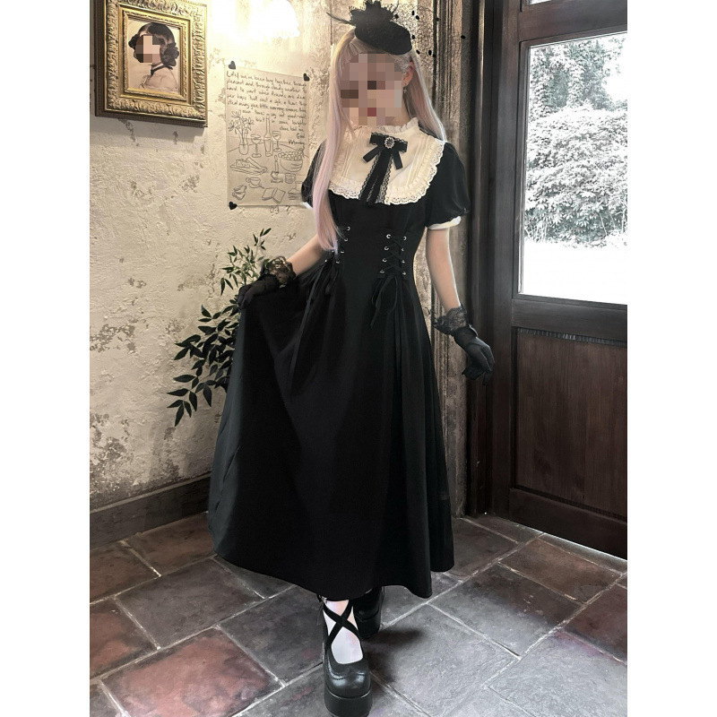 Dark Gothic Lolita Short-Sleeve Dress, Japanese Style, Waist-Cinching with Straps, Slimming Long Dress, College Style, Maid Look Dark Gothic Lolita Short-Sleeve Dress, Japanese Style, Waist-Cinching with Straps, Slimming Long Dress, College Style, Maid Look