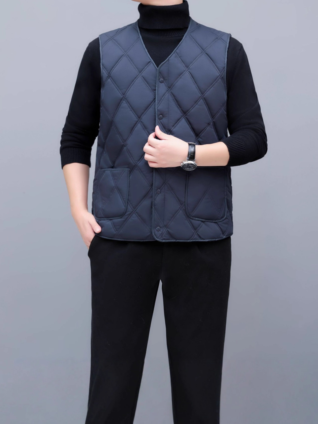 Papá de hombre de mediana edad, chaleco de algodón y chaleco de terciopelo, hombro en V, abrazadera de caballo, negocio, grosor, combinación