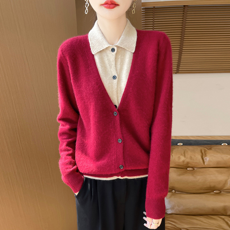 polo领纯羊毛假两开衫件外套女软糯亲肤宽松休闲百搭拼色外搭毛衣|undefined