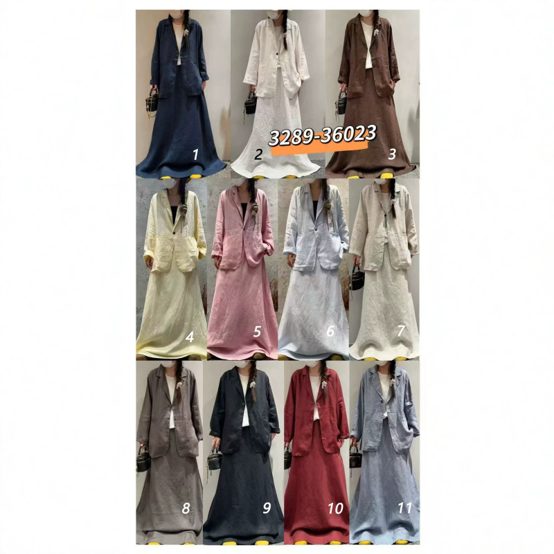Artistic Linen Fashion Loose Casual Two-Piece Set 2026 New Solid Color Blazer + Skirt for Women