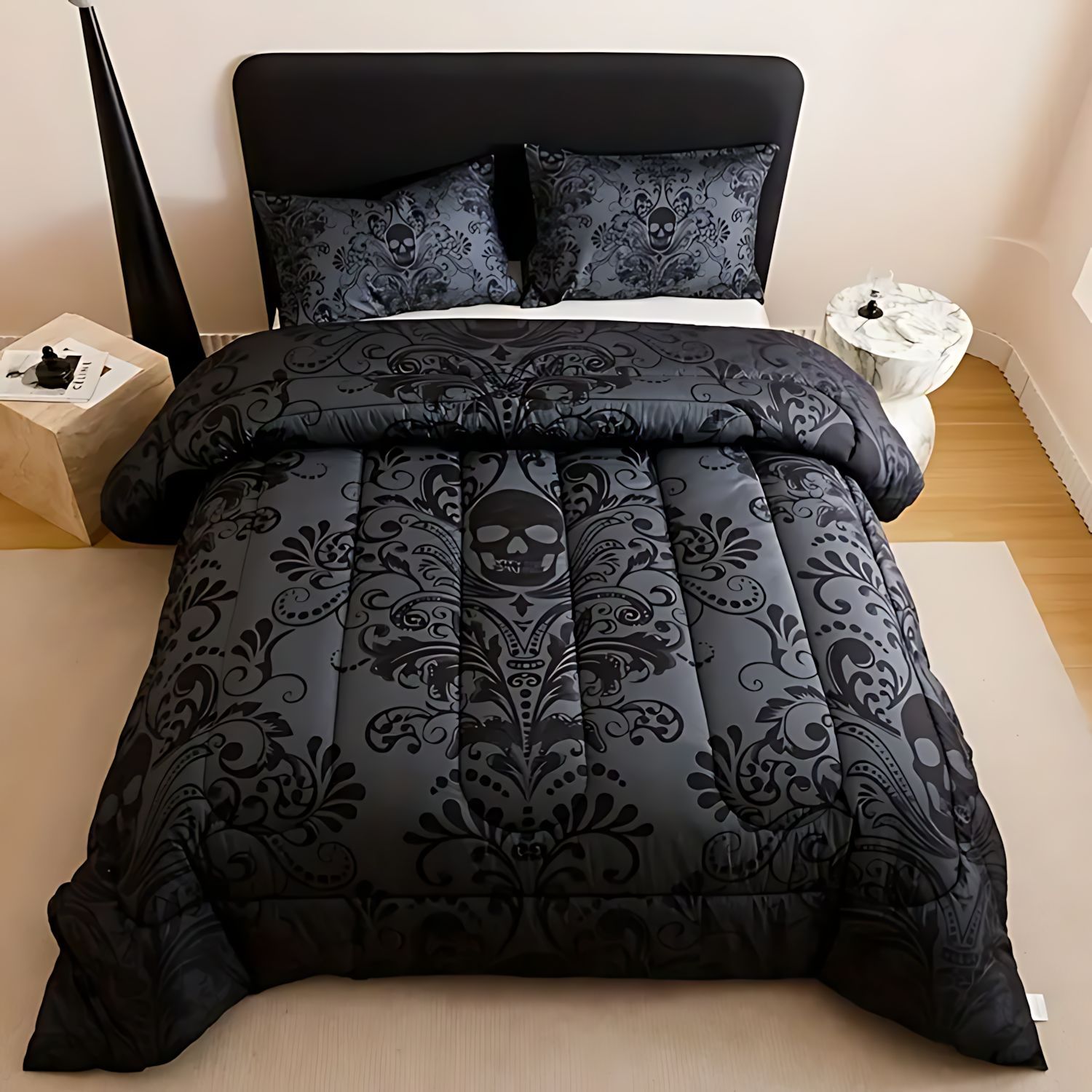 TEMU / JIT transfronterizo esqueleto negro gris patrón 3D impresión digital 180gms fuente de fabricantes de quiltos