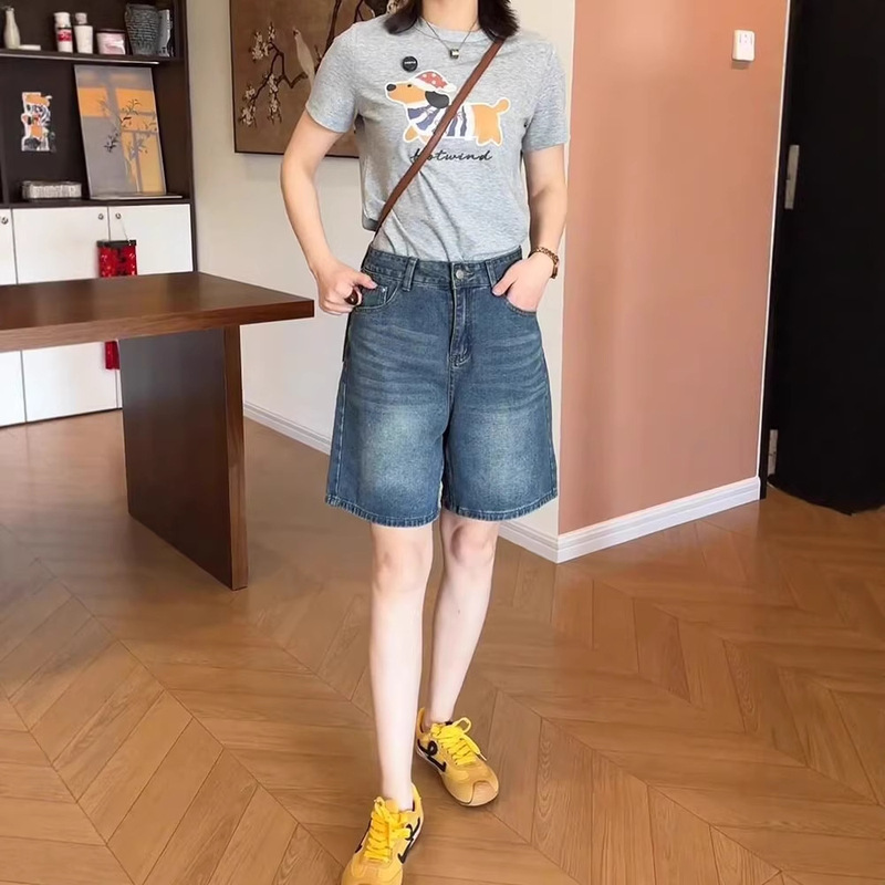 Vintage Blue Denim Shorts for Women, 2026 Summer New Style, Plus Size, Pear-Shaped Body, Petite A-Line Five-Point Straight Pants
