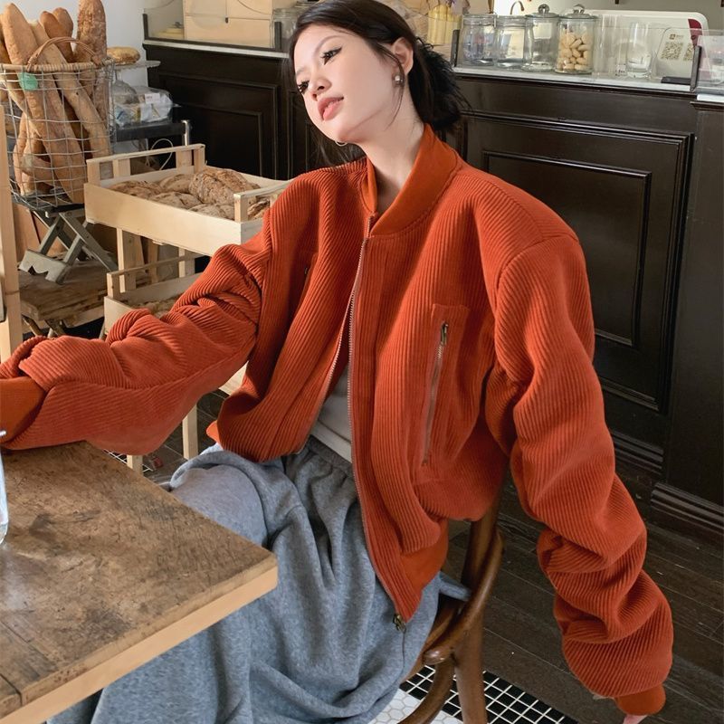 灯芯绒夹棉加厚棒球服外套女秋冬新款设计感立领拉链夹克棉服上衣|undefined
