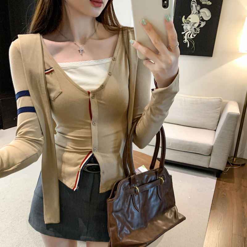 品牌同款韩系披肩V领长袖T恤女2025早秋新款修身显瘦独特设计感上|undefined