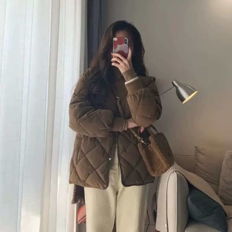 鸭绒菱格秋冬季感轻薄嘉兴高级平湖短款羽绒服女女日韩风秋纹