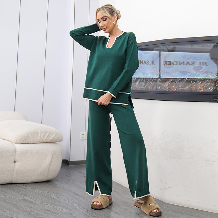 Abbigliamento donna nuova moda autunno e inverno abiti scollo a U manica lunga maglione lavorato a maglia spaccato vita alta pantaloni gamba larga due pezzi_voghion.com