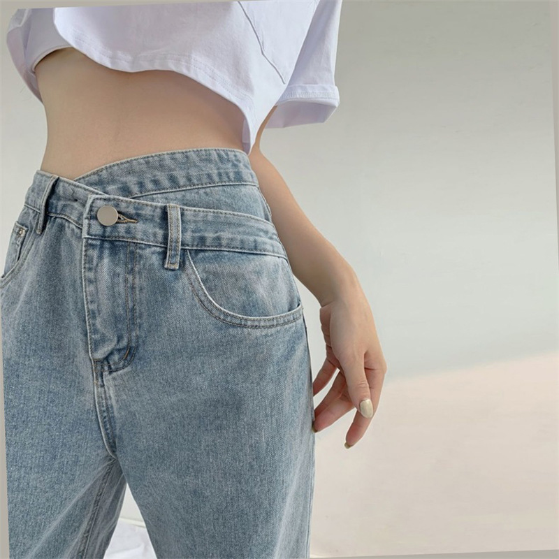 Design cross high waist vibe style wide leg Slimming jeans women's loose casual straight draping mop pants