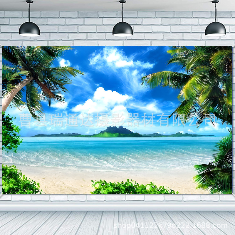Tropical Beach Photography Backdrop, Sea View Coconut Tree Photo Shoot Cloth, Landscape Wedding Travel Photography Background Wall