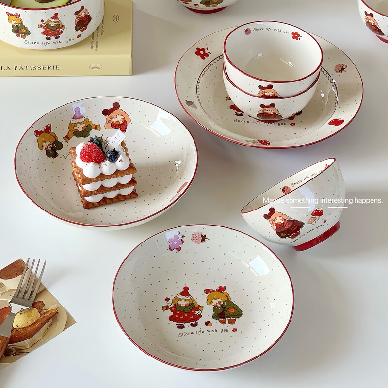 Cute Girls Ceramic Tableware Cartoon Eating Bowl Soup Bowl Creative Hand Basket Fruit Salah Bowl ins High Color Value