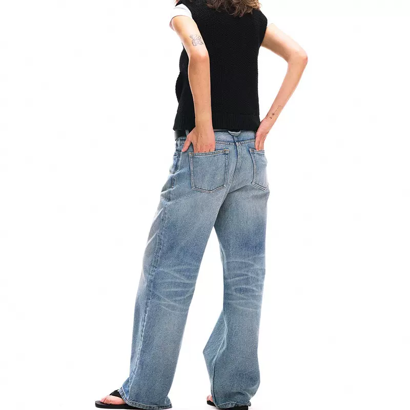 做货中美式复古做旧猫须阔腿牛仔裤女夏季高腰直筒宽松拖地长裤